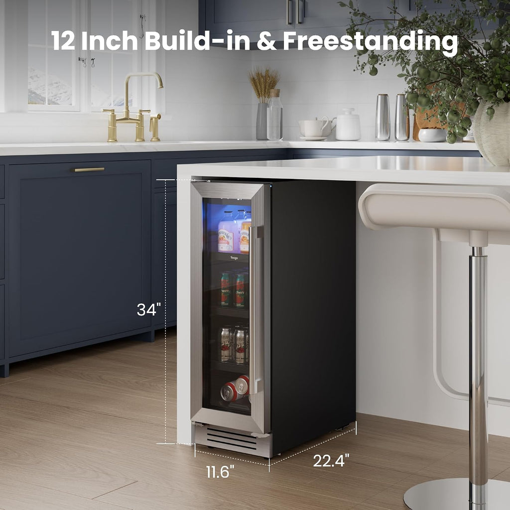 Yeego 12-Inch Beverage Refrigerator – 60 Can Mini Drink Fridge with Left-Hinged Glass Door, Built-In or Freestanding Beverage Cooler for Beer, Soda & Wine, Home Bar, Office, Bedroom