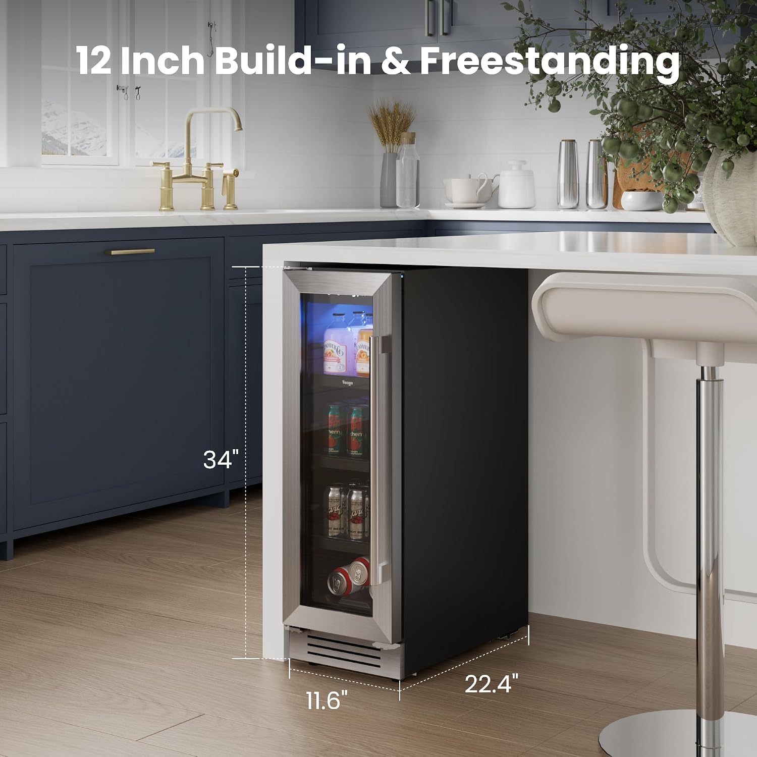 Yeego 12-Inch Beverage Refrigerator – 60 Can Mini Drink Fridge with Left-Hinged Glass Door, Built-In or Freestanding Beverage Cooler for Beer, Soda & Wine, Home Bar, Office, Bedroom