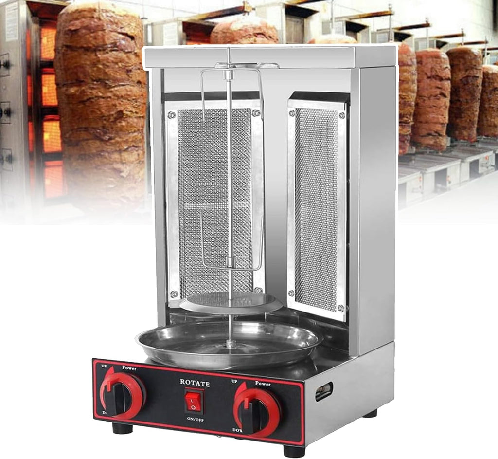 Vertical Commercial Shawarma Lpg/Gas Barbecue Grill, 360° Automatic Rotation, Double-Sided Barbecue Plate + Independent Oil Tray, Adjustable Height, Capacity 6kg/H, 60W