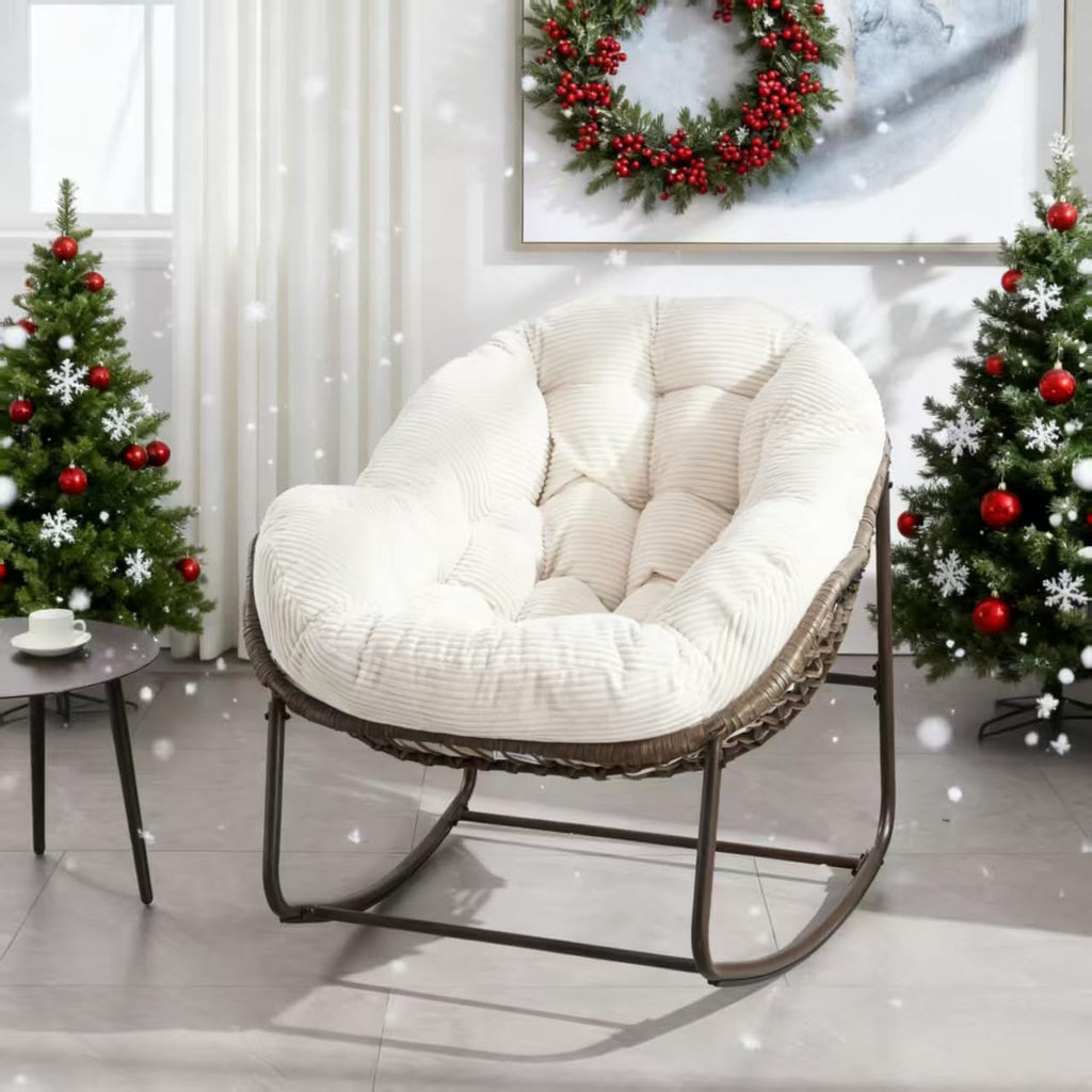 37' Papasan Rocking Chair with Cushion and Steel Frame, Oversized Outdoor Egg Rocking Chair, Rattan Circle Chairs for Grand Patio and Garden (White)