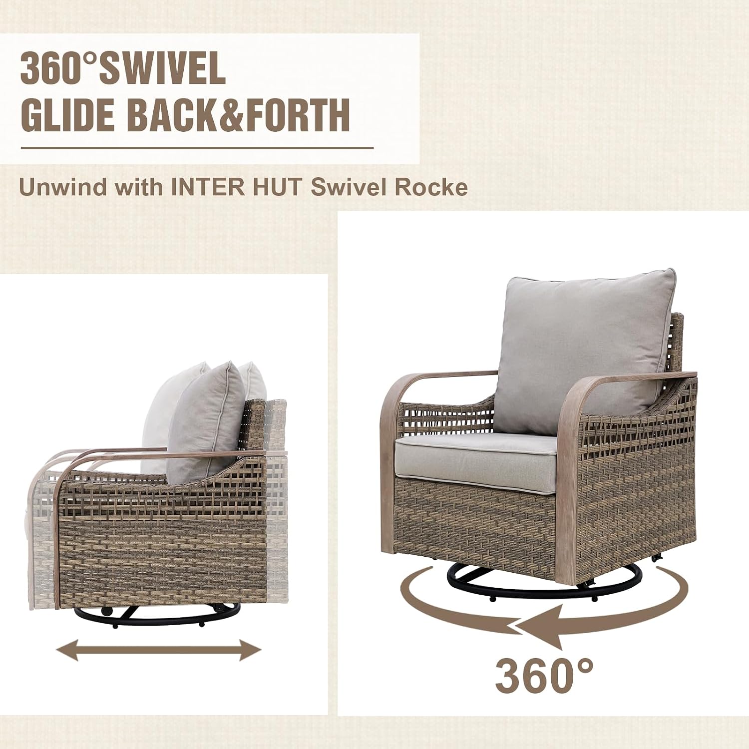 Modern Wicker Outdoor Swivel Rocking Chair, Rattan Glider Rocker with Streamlined Armrest, 2 Piece Patio Chairs for Backyard, Deck, Porch, Garden, Brown/Gray