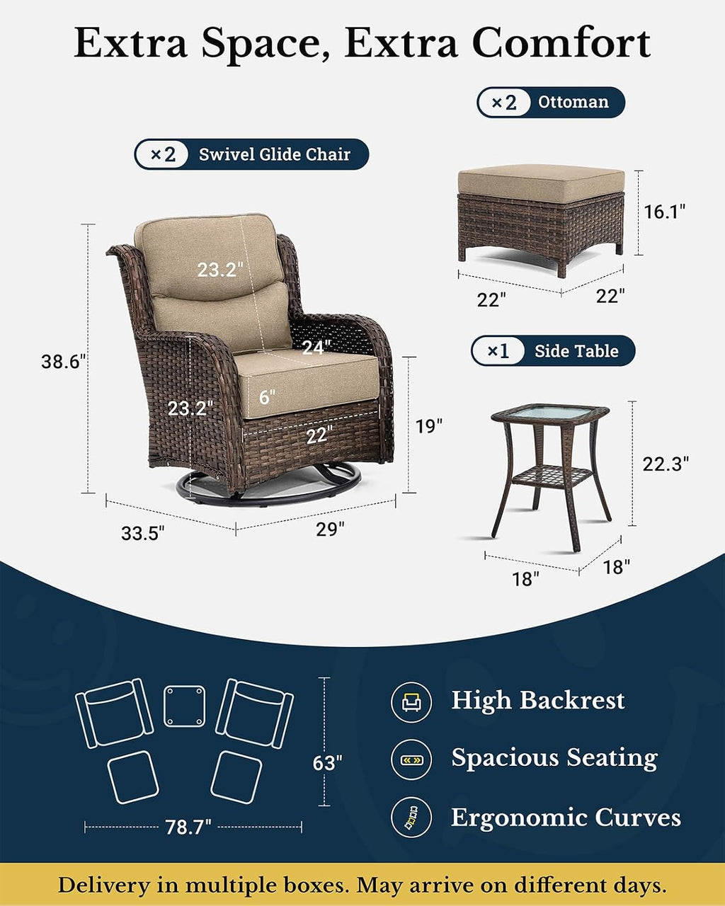 HILLGA Luxury Outdoor Swivel Rocker Patio Chairs of 2 with 6 Inch Thick Cushions and Side Table, Swivel Outdoor Chairs 5PCS High Back Wicker Patio Furniture Set for Porch, Balcony, Deck in Beige