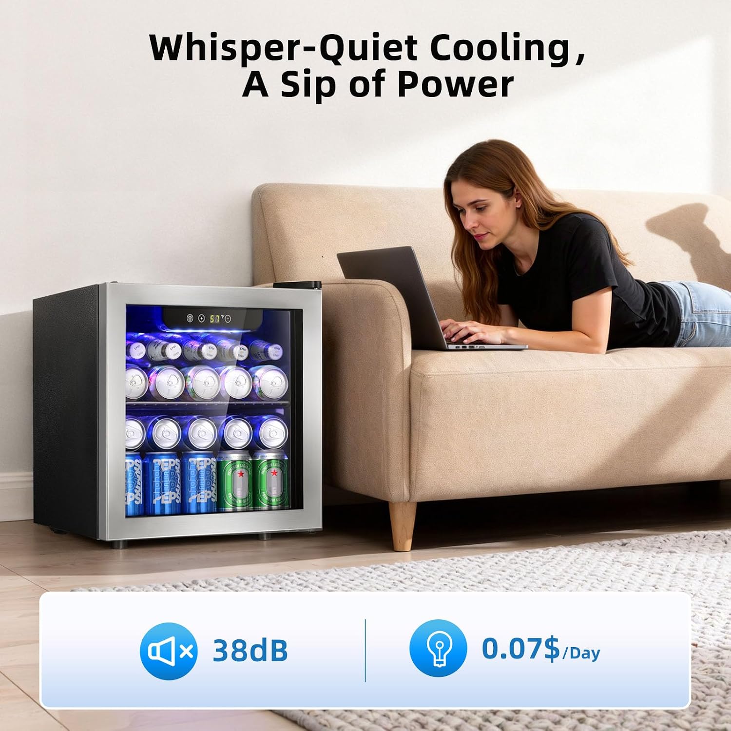 Antarctic Star 48 Can Beverage Refrigerator, 12 Bottle Mini Fridge with Seamless Stainless Steel Glass Door, Digital Temperature Display, Countertop Wine Cooler for Home Bar, Office, Kitchen, Silver