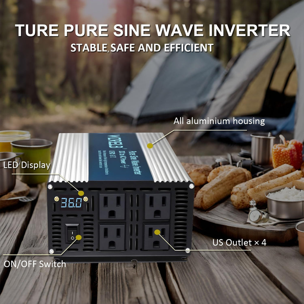 WZRELB 1800W Pure Sine Wave Inverter 24V DC to 110V 120V AC Power Converter with LED Display, Off-Grid Portable Power Inverter with 4 AC Outlets for Home, RV, Truck, Camping