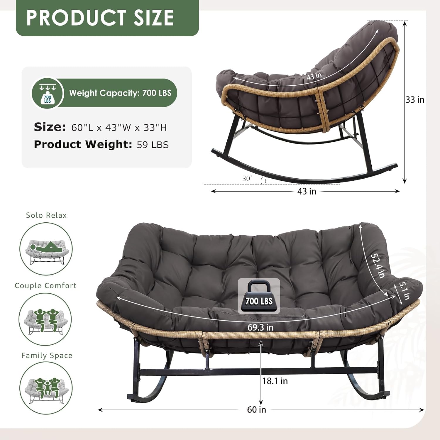 RADIATA Double Rocking Chair Outdoor, Oversized 2 Person Lounge Chair with Thick Cushion, All-Weather PE Rattan Frame, Heavy Duty Large Reclining Loveseat for Patio, Backyard, Bedroom