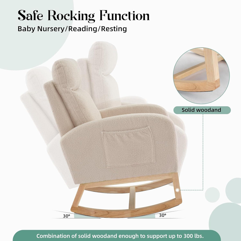 Nursery Rocking Chair, Comfy Modern Glider Rocking Chair with High Backrest and Armrest, Teddy Upholstered Rocking Accent Chair with Side Pockets for Living Room, Bedroom, Office,Beige