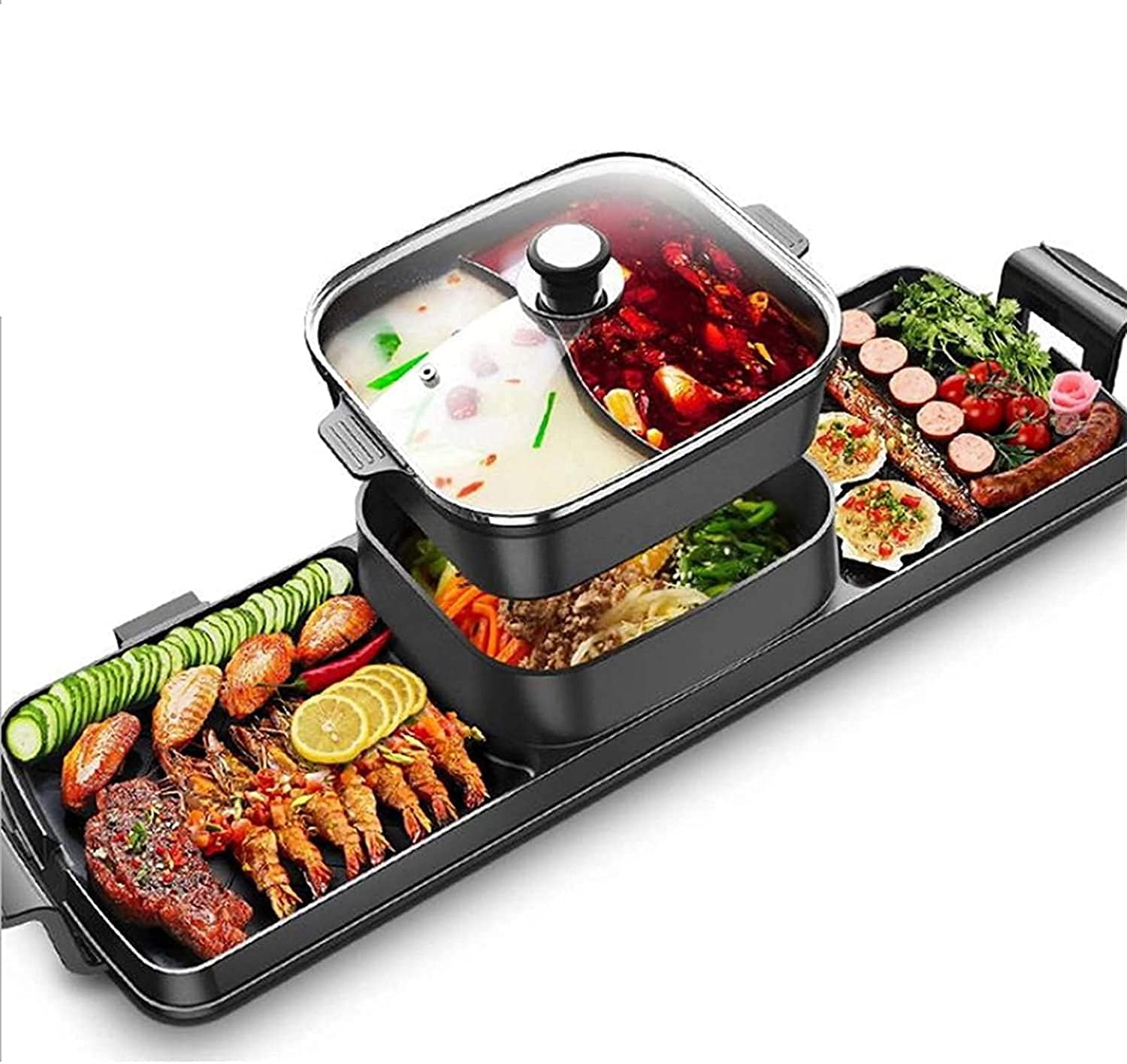 Fondue Electric Grill Hot Pot, 2700W 3 in 1 Electric Smokeless BBQ Grill Shabu Hot Pot with Divider Separate Independent Dual Temperature Control, Non-Stick Pan for 3