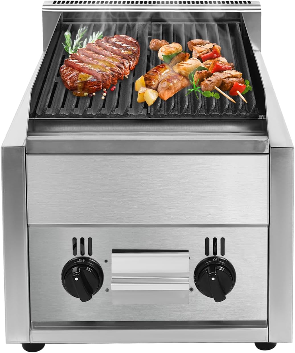 Commercial Gas Grill, 2-Burner Gas Grill with Oil Catch Tray Heavy Duty Stainless Steel Professional Adjustable Temperature Outdoor BBQ Tabletop Grill for Outdoor Cooking Restaurant Home