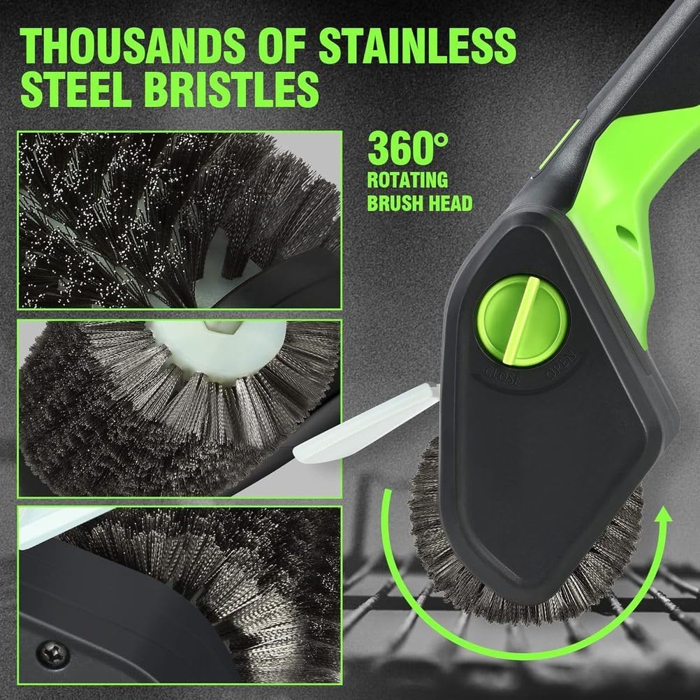 Electric Grill Brush,360°Rotating Brush Head, 304 Removable Brush Head, Cordless & Type-C Rechargeable Grill Cleaning Tool for Outdoor BBQ