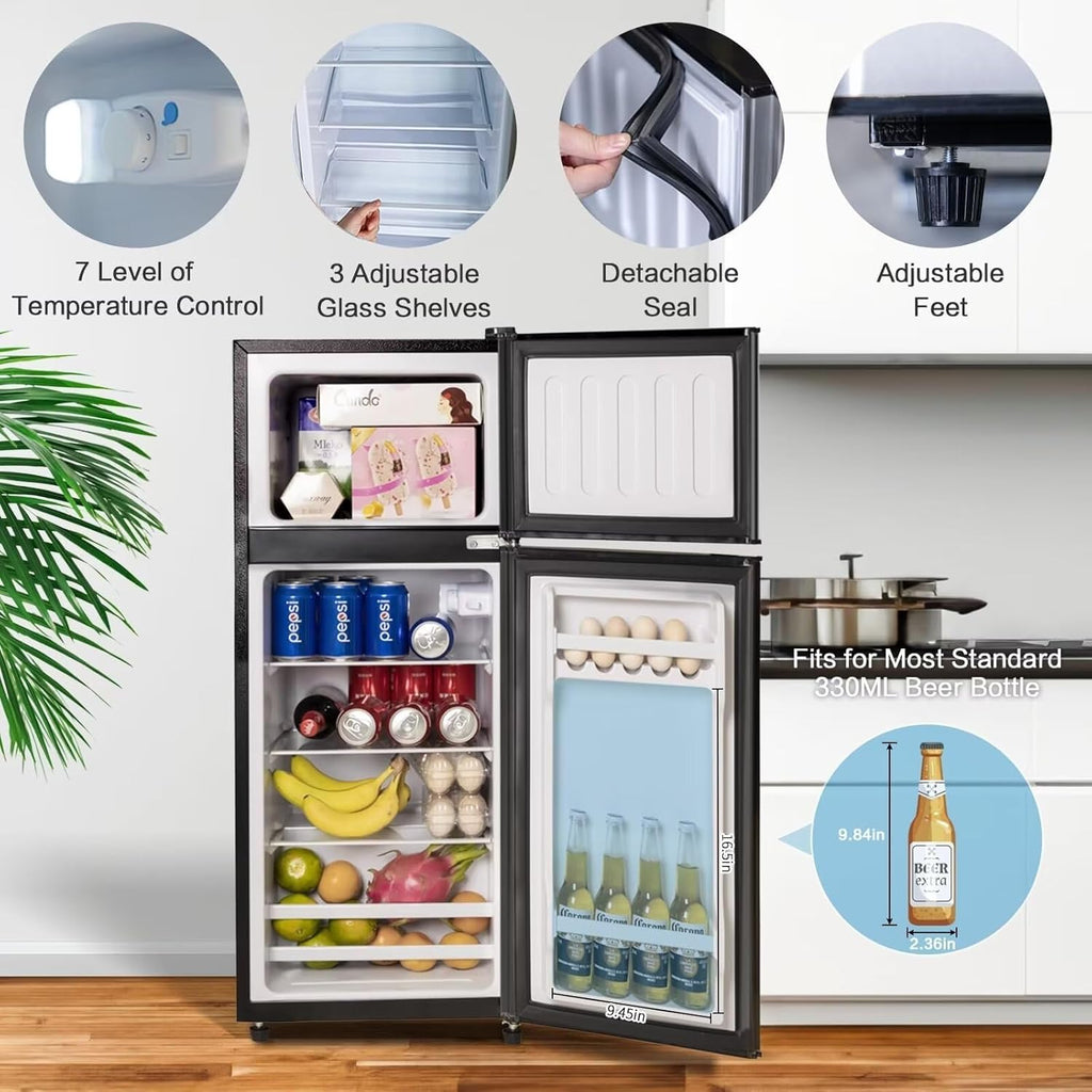 Anukis Compact Refrigerator 4.0 Cu Ft 2 Door Mini Fridge with Freezer For Apartment, Dorm, Office, Family, Basement, Garage (Black, 3.8 Cu.Ft)
