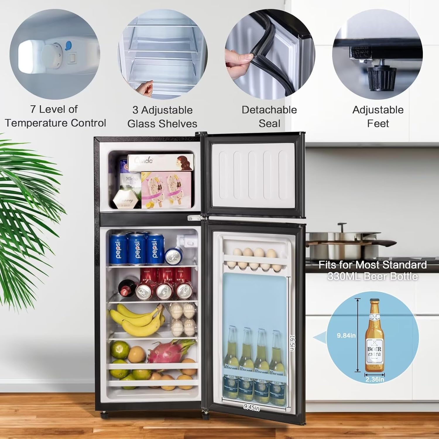 Anukis Compact Refrigerator 4.0 Cu Ft 2 Door Mini Fridge with Freezer For Apartment, Dorm, Office, Family, Basement, Garage (Black, 3.8 Cu.Ft)