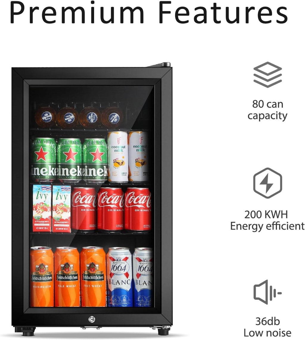 Saeoola Beverage Refrigerator, 2.3Cu.ft Mini Fridge with Double Glass Door, Cooler for Soda, Beer or Wine for Home, Office or Bar with Adjustable Removable Shelves (Black)