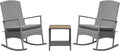 Outsunny 3 Piece Patio Rocking Chair Set, 2 PE Wicker Rocking Chairs, Cushioned, 1 Two-Tier Wood Slat Coffee Table, Rattan Front Porch Furniture, Gray