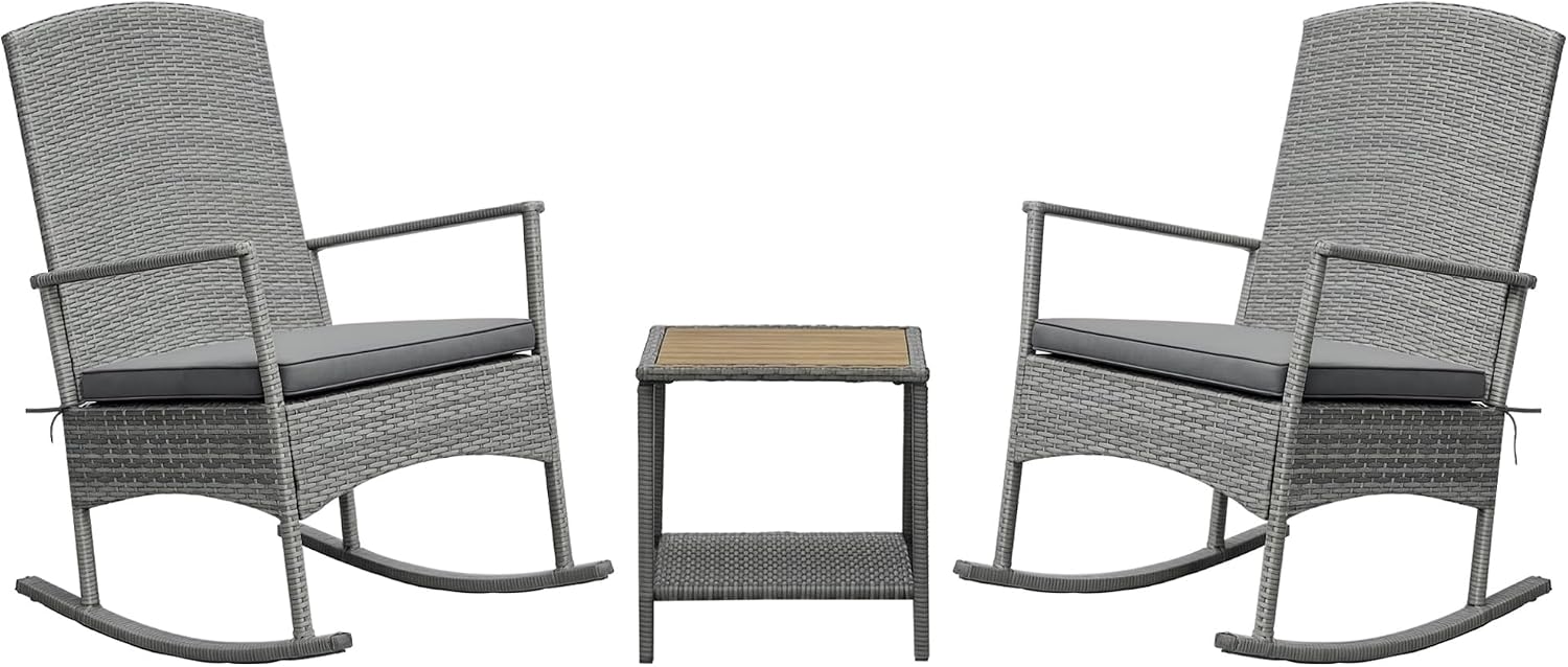 Outsunny 3 Piece Patio Rocking Chair Set, 2 PE Wicker Rocking Chairs, Cushioned, 1 Two-Tier Wood Slat Coffee Table, Rattan Front Porch Furniture, Gray