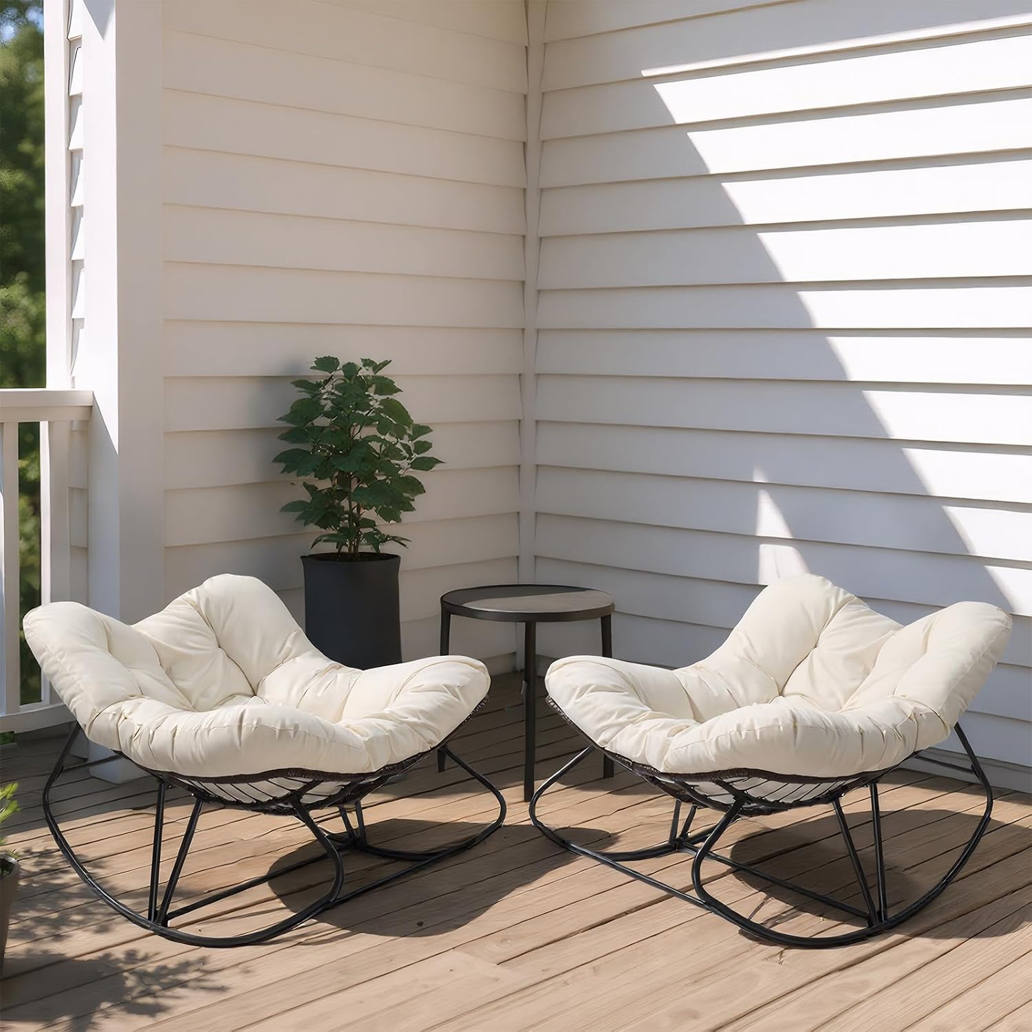 JOYBASE Outdoor Indoor Papasan Rocking Chair Set of 2, Oversized Papasan Rocker with Cushion, Patio Wicker Comfy Egg Chair for Backyard Bedroom Living Room Lounge Reading (Beige)