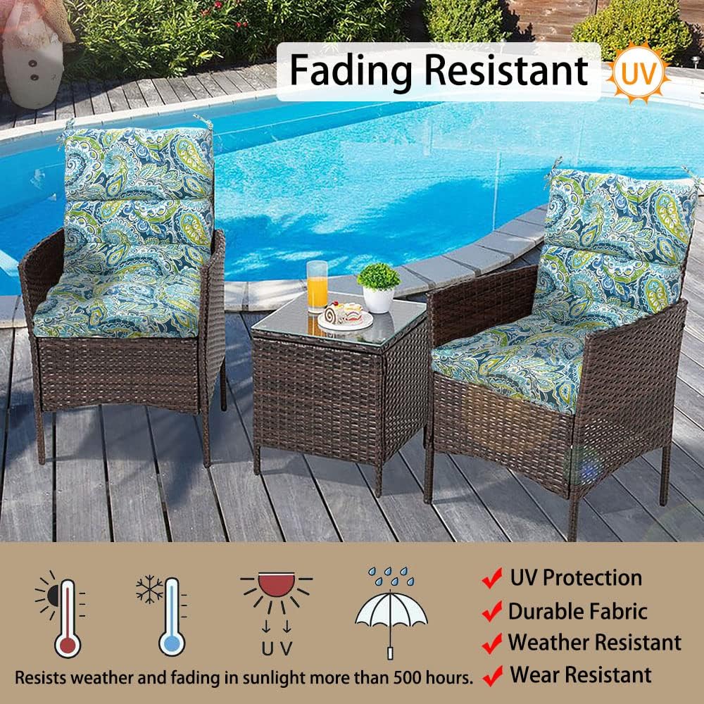 Magpie Fabrics Indoor Outdoor Tufted High Back Chair Cushion Set of 2, Waterproof All-Weather Deep Seating Rocking Chair Patio Chaise Lounge Sun Lounger Chair Cushions(Paisley Lapis Green)