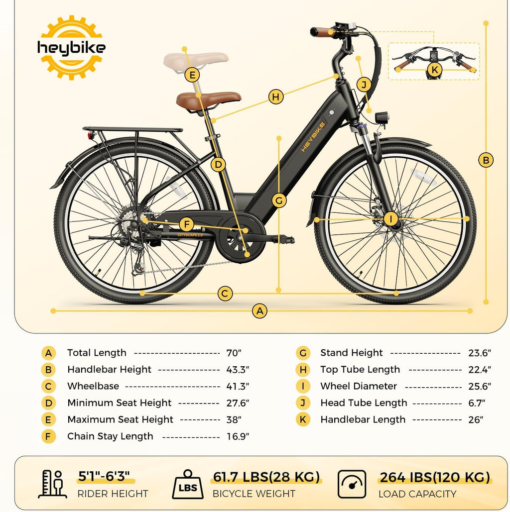 Heybike Cityscape 2.0 Electric Bike for Adults with Peak 1200W Motor, 468Wh Removable Battery, 50Miles 26' Electric Commuter Bike, 7-Speed,UL Certified