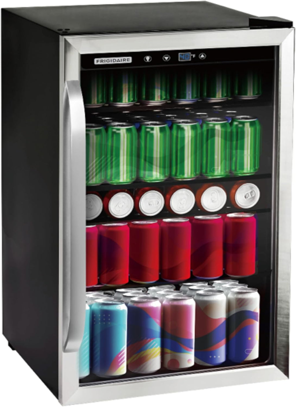 Frigidaire Beverage Refrigerator, Fridge with Glass Door, Compact Mini Fridge with Digital Temperature Control, Fits 115 Cans or 34 Bottles, 96L Capacity - 19.1' D x 17.5' W x 31.2' H