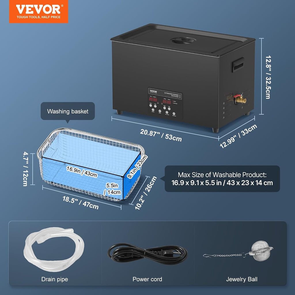 VEVOR 30L Sonic Cleaner, 600W Digital Ultrasonic Cleaning Machine with Upgraded Degassing and Gentle Mode, 40kHz Industrial Ultrasound Cleaner with Timer and Heater for Retainer Jewelry Tools