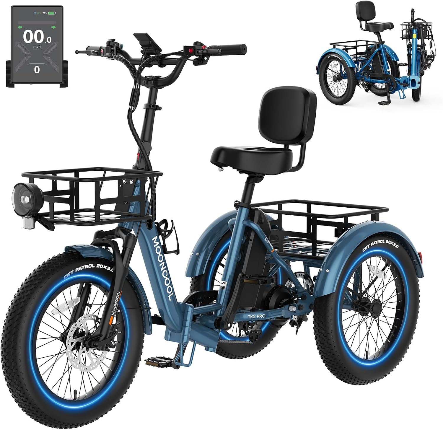 MOONCOOL Electric Trike for Adults, 500W/750W 48V Electric Tricycle for Adults, 20'x3.0' Fat Tire 3 Wheel Electric Bike, Folding Aluminum Adult Tricycle with Removable Battery