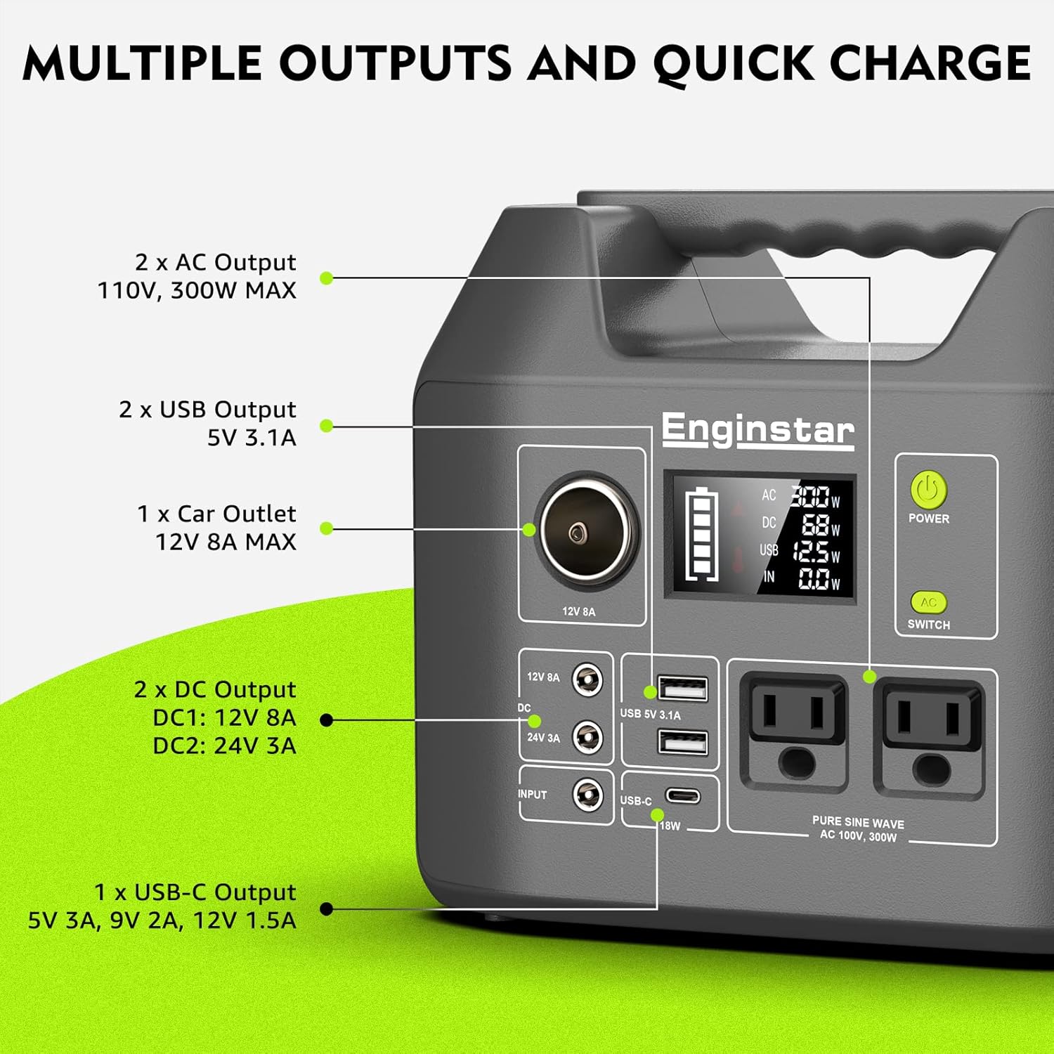 EnginStar Portable Power Station, 300W 296Wh Battery Bank with 110V Pure Sine Wave, 60W Foldable Solar Panel with 18V DC Outlet for Portable Power Stations