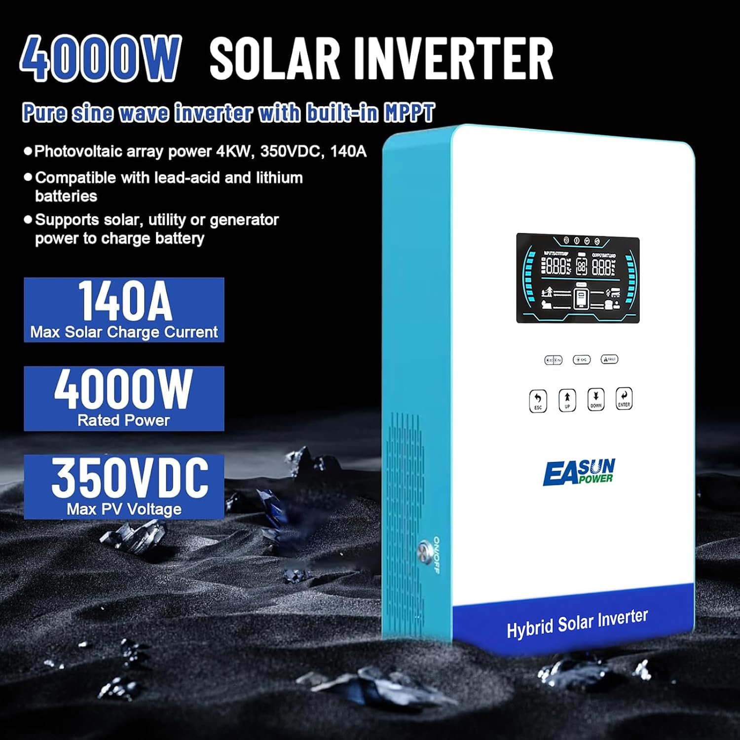 POWLAND 4000W Solar Hybrid Inverter, Pure Sine Wave Inverter 24V to 110V/120V & Built-in 60A MPPT Controller, Work with 24V Lead Acid/LiFePO4 for Homes, RVs