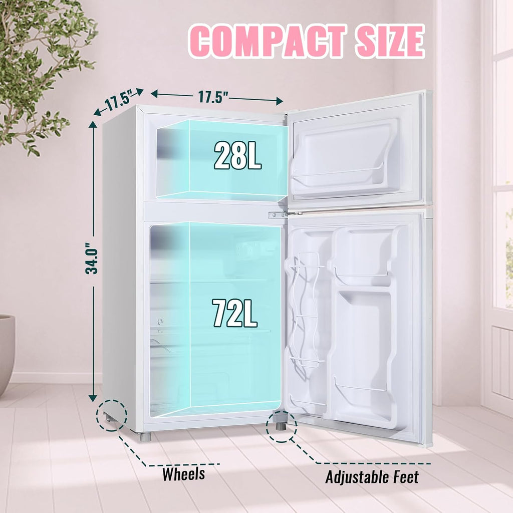 WANAI 3.5 Cu.ft Retro Mini Fridge with Freezer Small Refrigerators Dual Doors & Handles White Freestanding Classic Refrigerator Removable Glass Shelves Adjustable Thermostat for Home Office Dorm RV