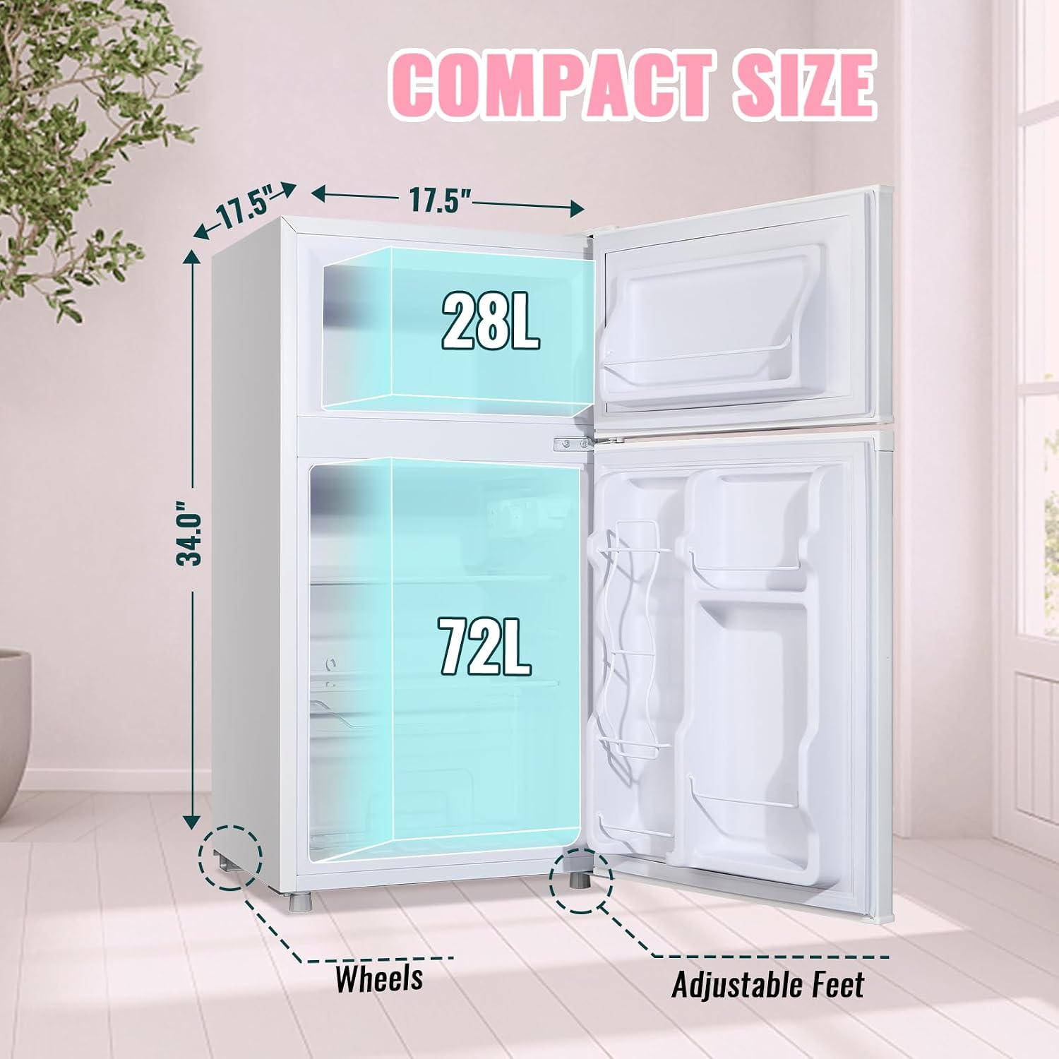 WANAI 3.5 Cu.ft Retro Mini Fridge with Freezer Small Refrigerators Dual Doors & Handles White Freestanding Classic Refrigerator Removable Glass Shelves Adjustable Thermostat for Home Office Dorm RV