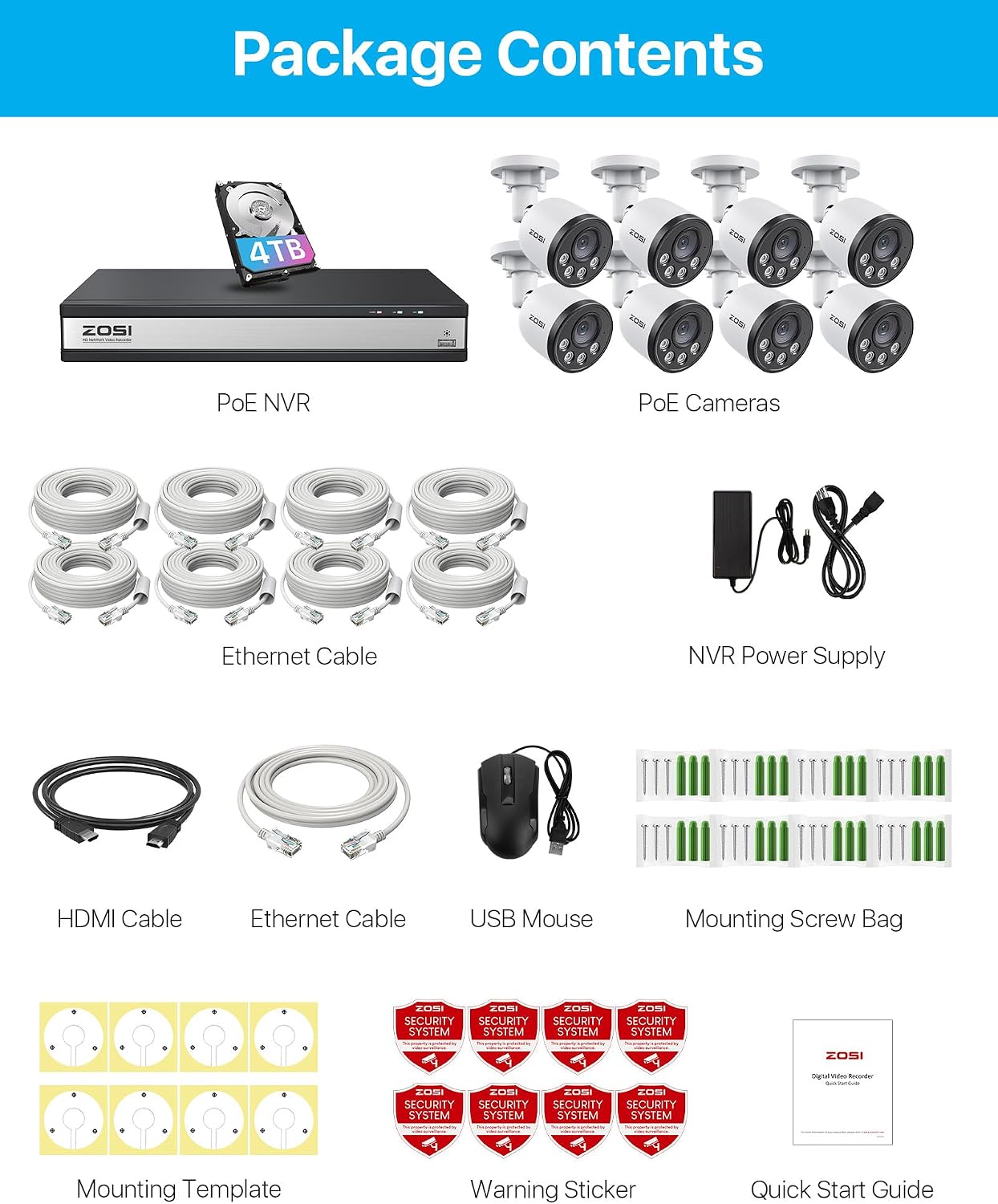 ZOSI 4K 16CH PoE Security Camera System with Audio, Night Vision, Smart Human Detection, Motion Alerts, 8pcs Outdoor Indoor PoE Wired Cameras, 16 Channel 4K 8MP NVR with 4TB HDD for 24/7 Recording