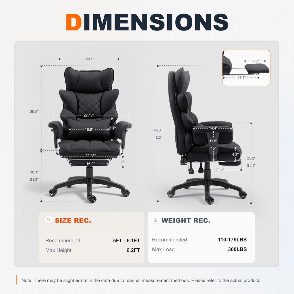 Dowinx Big and Tall Office Chair with Pocket Spring Cushion,High Back Computer Gaming Chairs with Adjustable Armrests,Executive Desk Chairs with Lumbar Support and Footrest,Fabric-Black