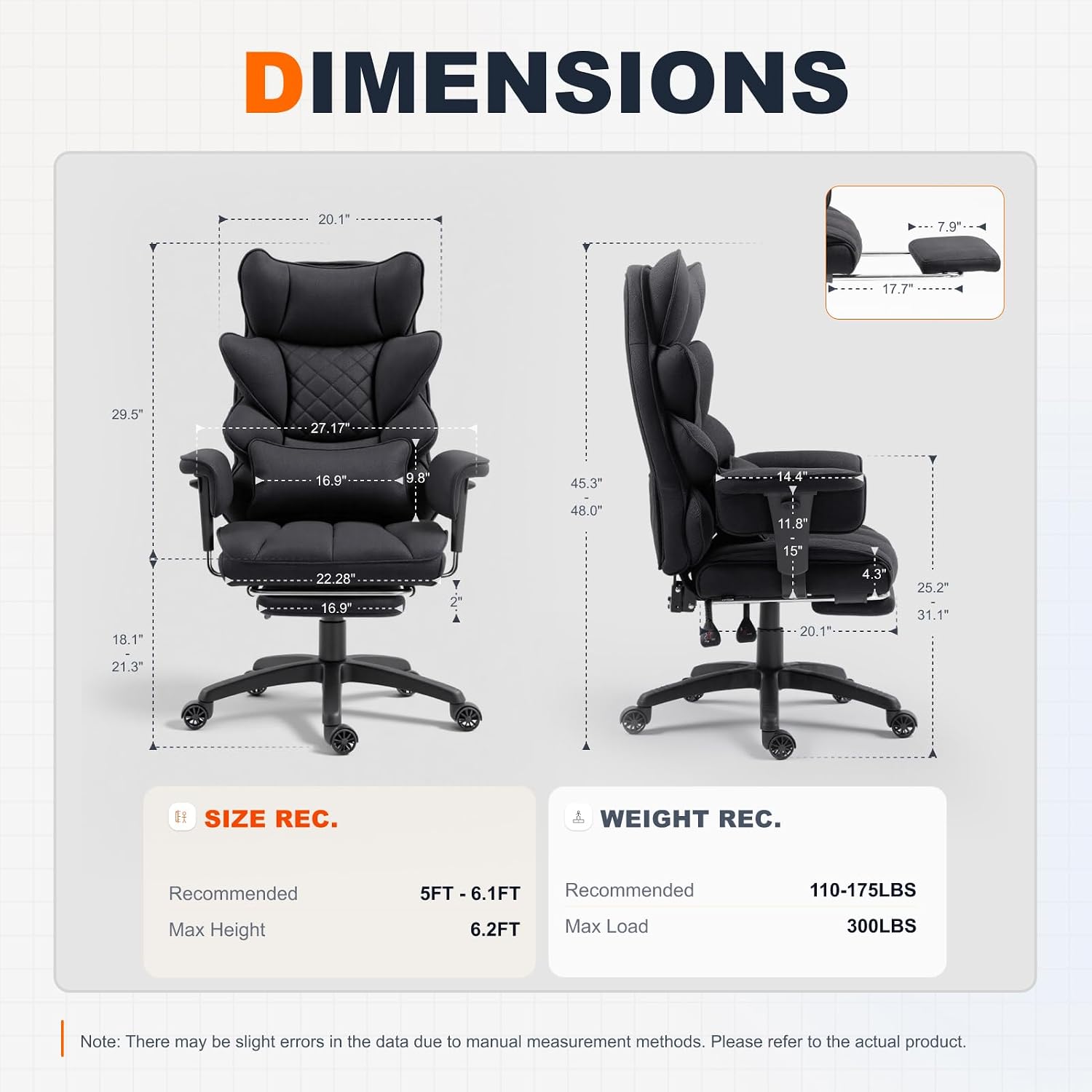 Dowinx Big and Tall Office Chair with Pocket Spring Cushion,High Back Computer Gaming Chairs with Adjustable Armrests,Executive Desk Chairs with Lumbar Support and Footrest,Fabric-Black