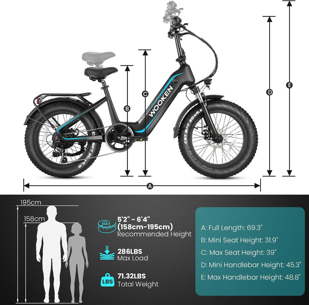 Wooken Electric Bike for Adults, 500W Motor Ebike,20'x4.0' Fat Tire Electric Bike,48V 624WH Removable Lithium-ion Battery,Up to 60 Miles,Step-Thru Electric Mountain Bike,SGS Certified to UL 2849