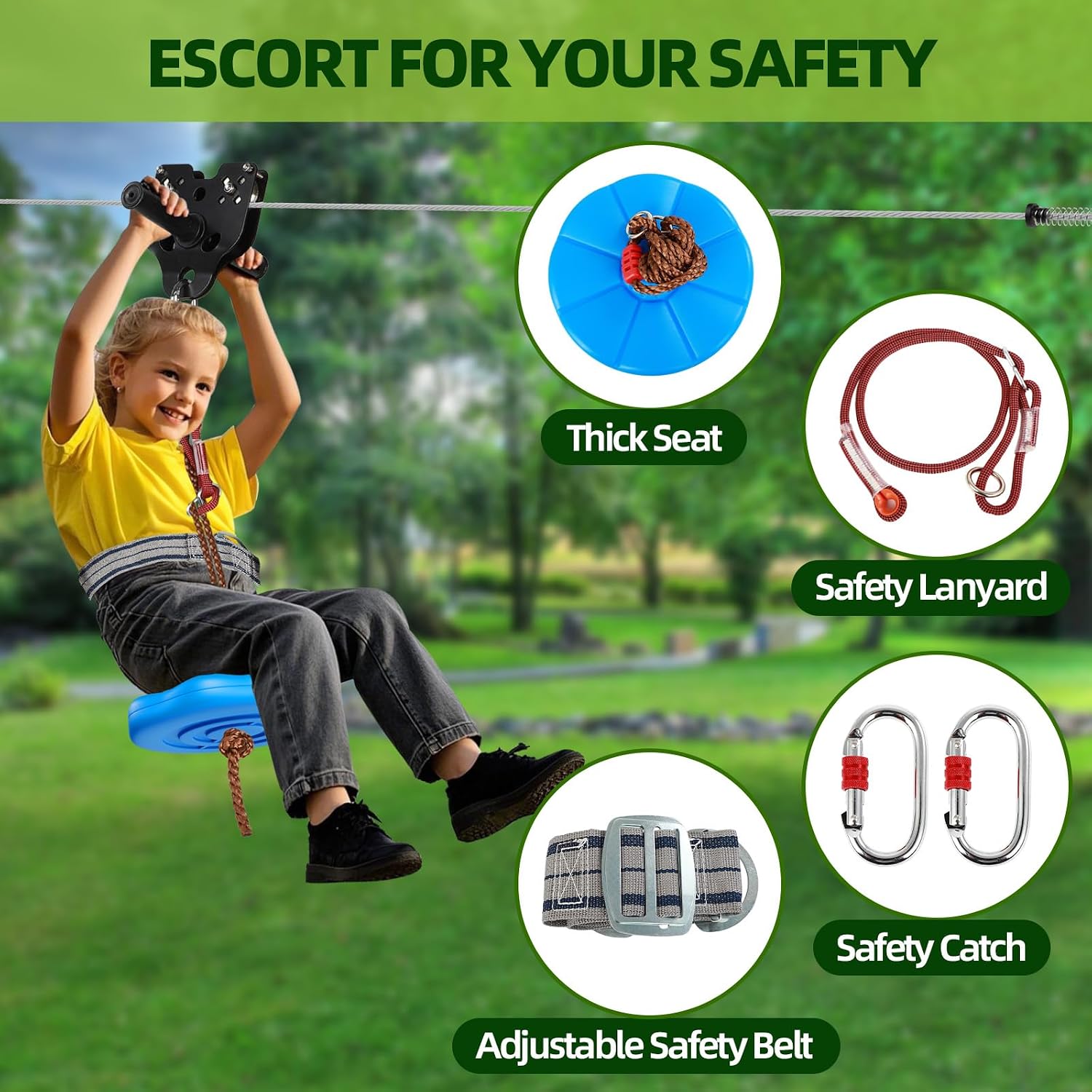 Zipline for Backyard Kids and Adults: 200FT Up to 400 lbs - Updated Removable Design Trolley,Thickened Seat,Safety Harness,Quick Tighten Zipline Kits for Outdoor