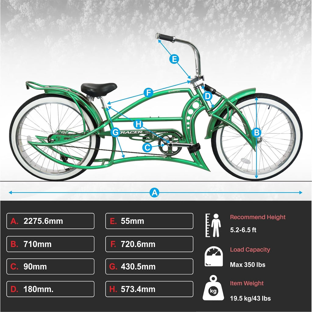 Tracer KRAKER PRO 26 Inch Stretch Chopper Bicycle for Adult,Single Speed Men Lowrider Bike with Oversized Hi-Ten Stretch Steel Frame,Front Wheel 26 * 3.5,Rear Wheel 26 * 4.0 Multiple Colors