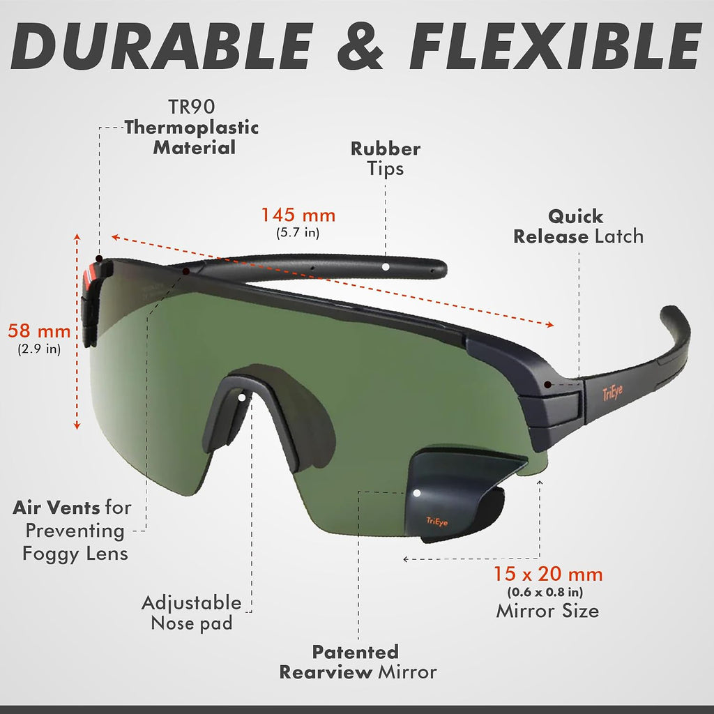 TriEye Cycling Glasses with Rear-view Mirror - Sports Sunglasses for Men & Women - UV-400 Protection