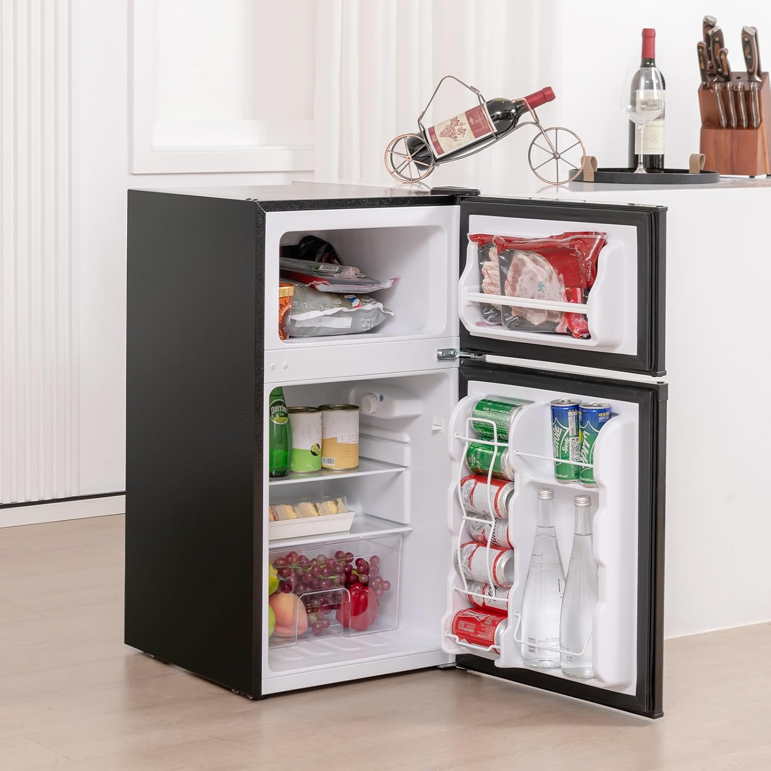 COSTWAY Compact Refrigerator, 3.2 Cu.Ft. Fridge Freezer Compartment with Reversible 2 Door, Adjustable Thermostat, Removable Glass Shelves, Mini Refrigerator for Bedroom Dorm Apartment, Black