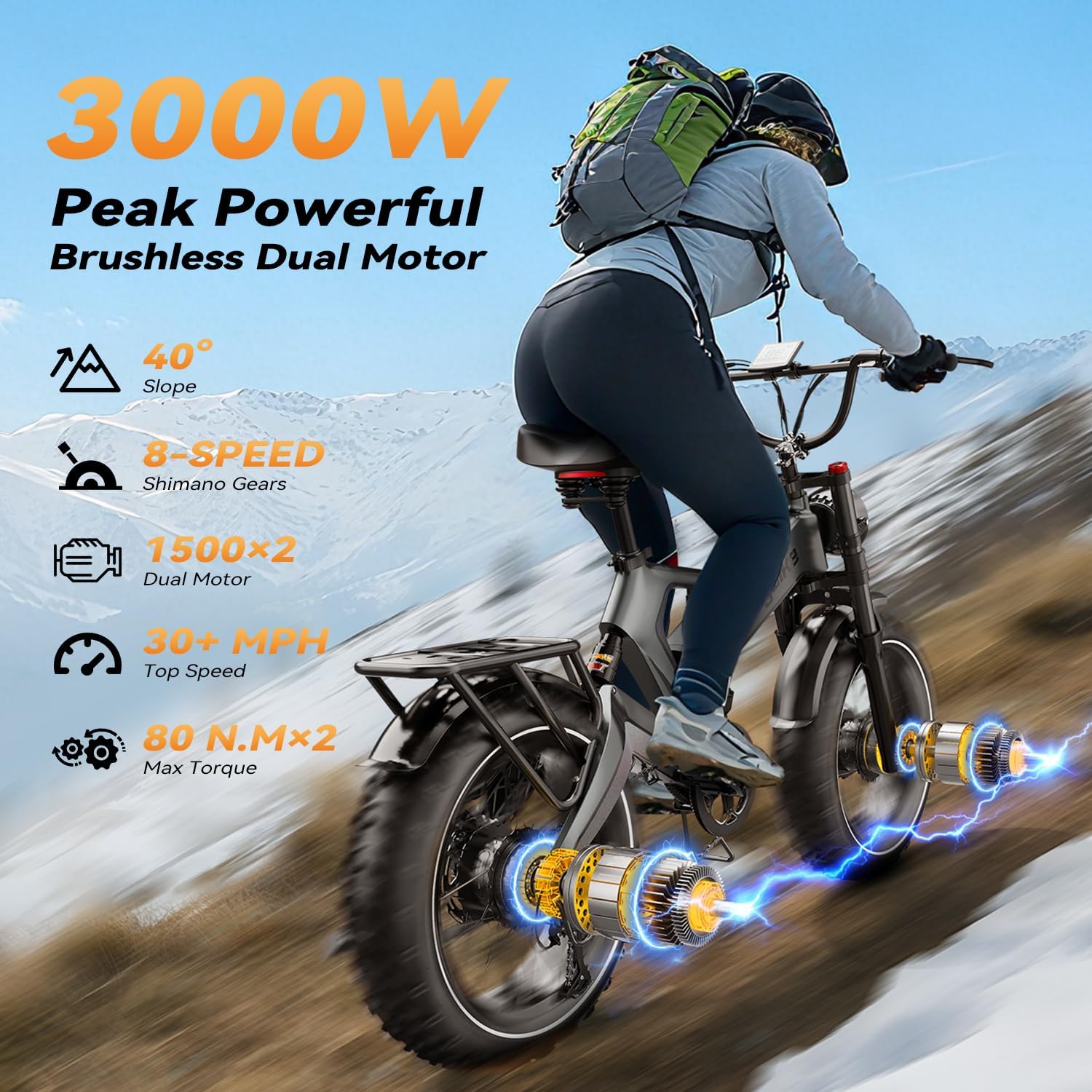 2000W/3000W Peak Motor Electric Bike for Adults, 48V/52V 25AH/30AH Battery Full Suspension Foldable Ebike, 20'x4.0' Fat Tires 35MPH Dirt Bike, 100/120 Miles Hydraulic Brake Magnesium Alloy Motorcycle