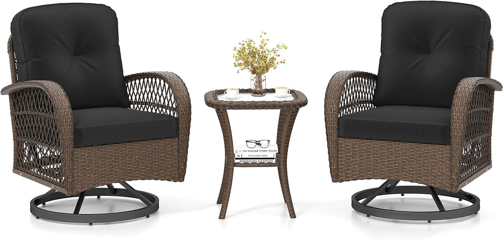 Tangkula 3 Piece Patio Swivel Rocker Set, 2 Outdoor Wicker Rocking Chairs with Tempered Glass Side Table, Outside Gliding Bistro Furniture Set with Thick Cushions for Porch, Yard, Balcony (Black)