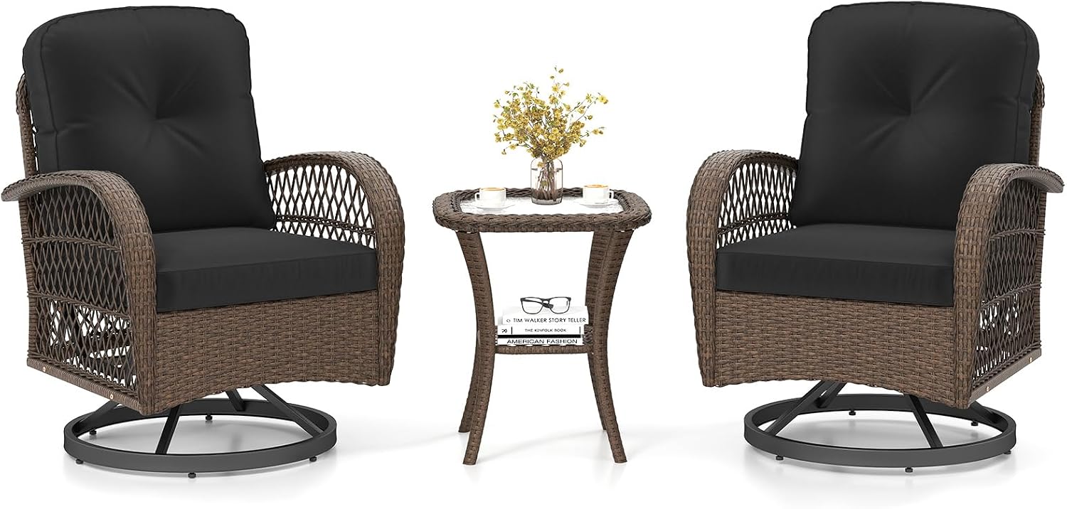 Tangkula 3 Piece Patio Swivel Rocker Set, 2 Outdoor Wicker Rocking Chairs with Tempered Glass Side Table, Outside Gliding Bistro Furniture Set with Thick Cushions for Porch, Yard, Balcony (Black)