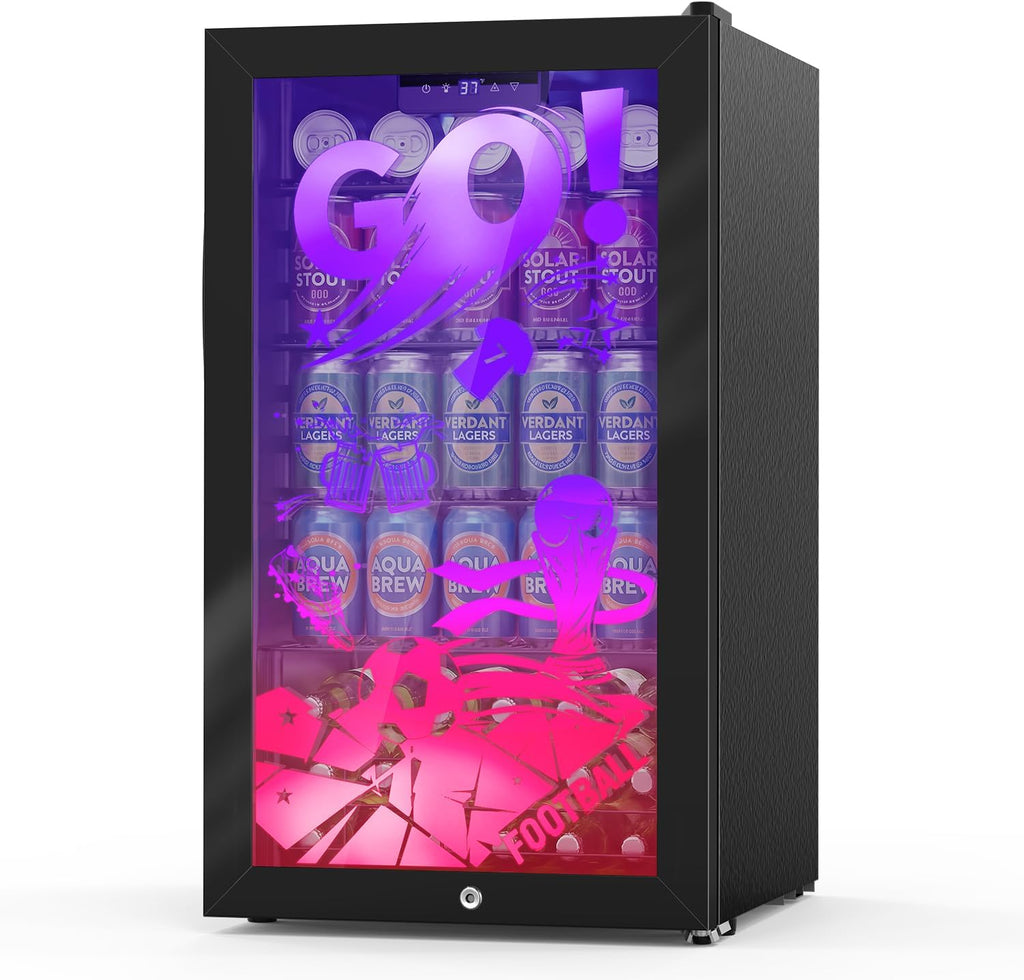 Velivi Gaming Mini Fridge with Led Lights, 3.2 Cu Ft Gaming Light Up Glass Door Beverage Refrigertor Small Lockable Drink Cooler For For Soda Beer, Cyberpunk Gaming Rooms Bar Home Party
