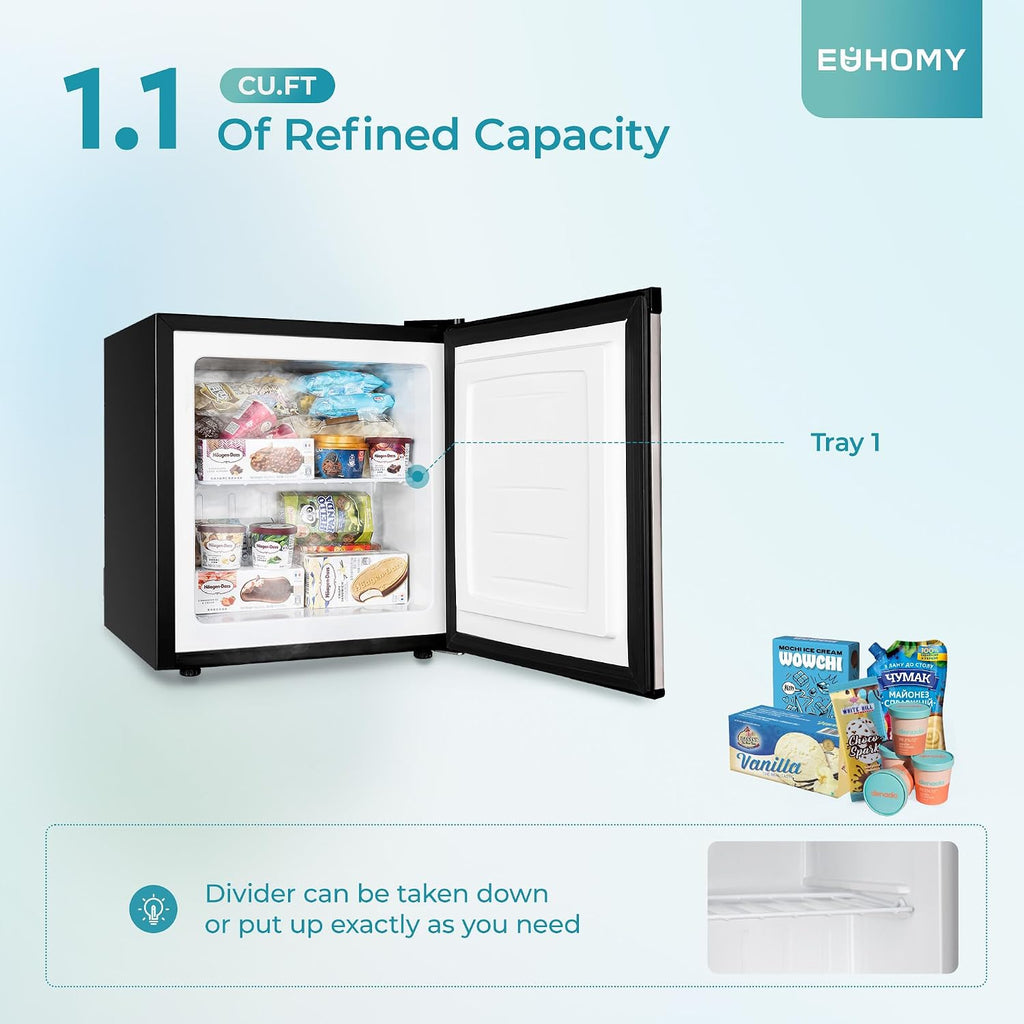 EUHOMY Mini Freezer Countertop,1.1 Cubic Feet, Single DoorCompact Upright Freezer with Reversible Stainless Steel Door, Removable Shelves, Small freezer for Home/Dorms/Apartment/Office(Silver)