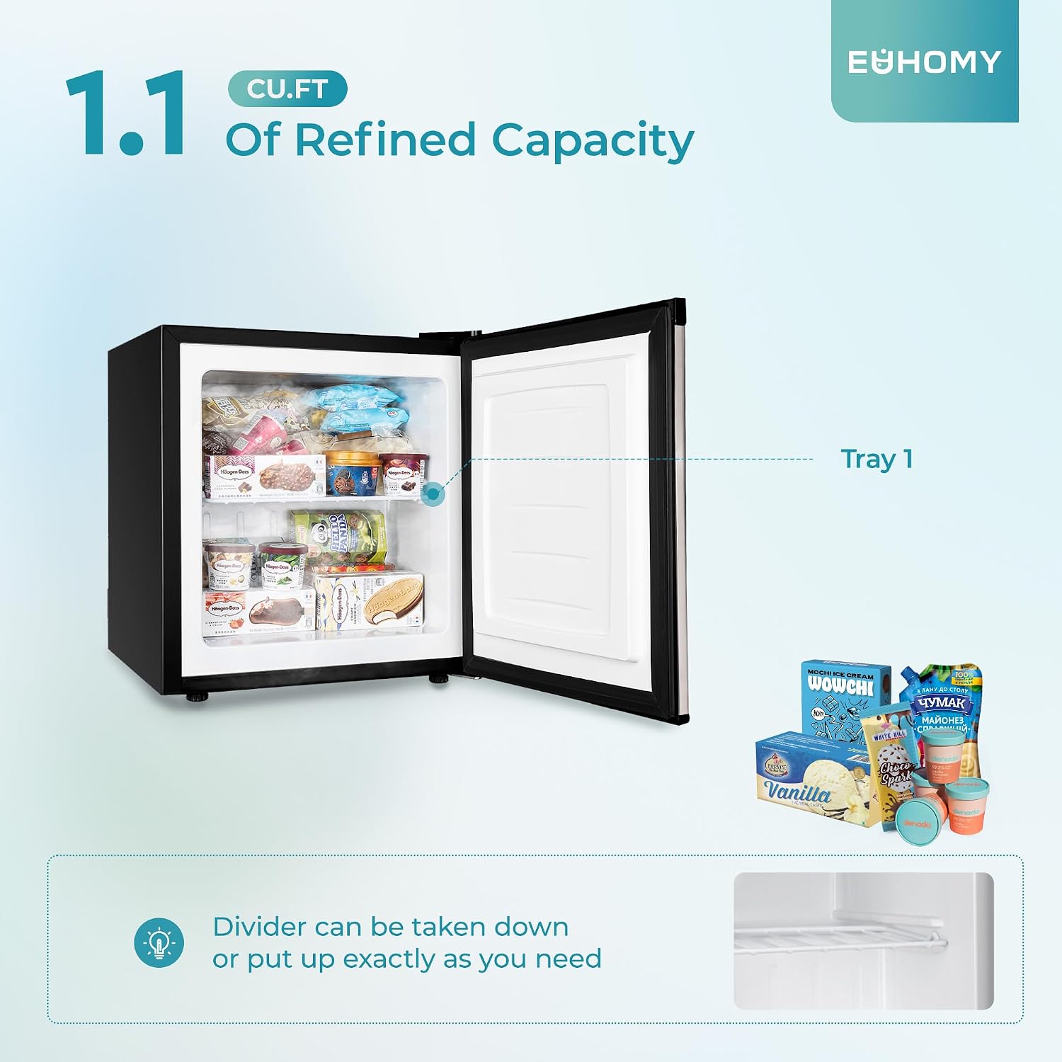 EUHOMY Mini Freezer Countertop,1.1 Cubic Feet, Single DoorCompact Upright Freezer with Reversible Stainless Steel Door, Removable Shelves, Small freezer for Home/Dorms/Apartment/Office(Silver)