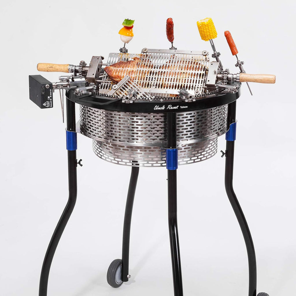 Portable Charcoal BBQ Grill &Tool Kits, Stainless Steel, 360-Degree Automatic Rotating for Outdoor Cooking, Camping, Picnic, Patio, Backyard, with Roaster Drum, Grill Net, Forks included