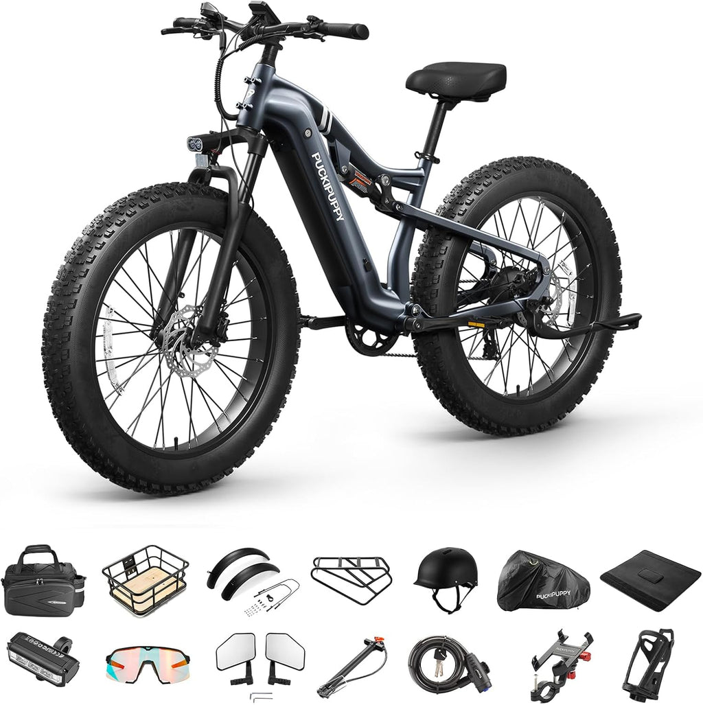 PUCKIPUPPY Electric Bike for Adults 28 MPH, 750W | 1350W Peak, Torque Sensor, 80 Miles Range, 26'x4' Fat Tire Electric Dirt Bike, Full Suspension Electric Mountain Bike, 8 Speed Ebike Labrador Pro