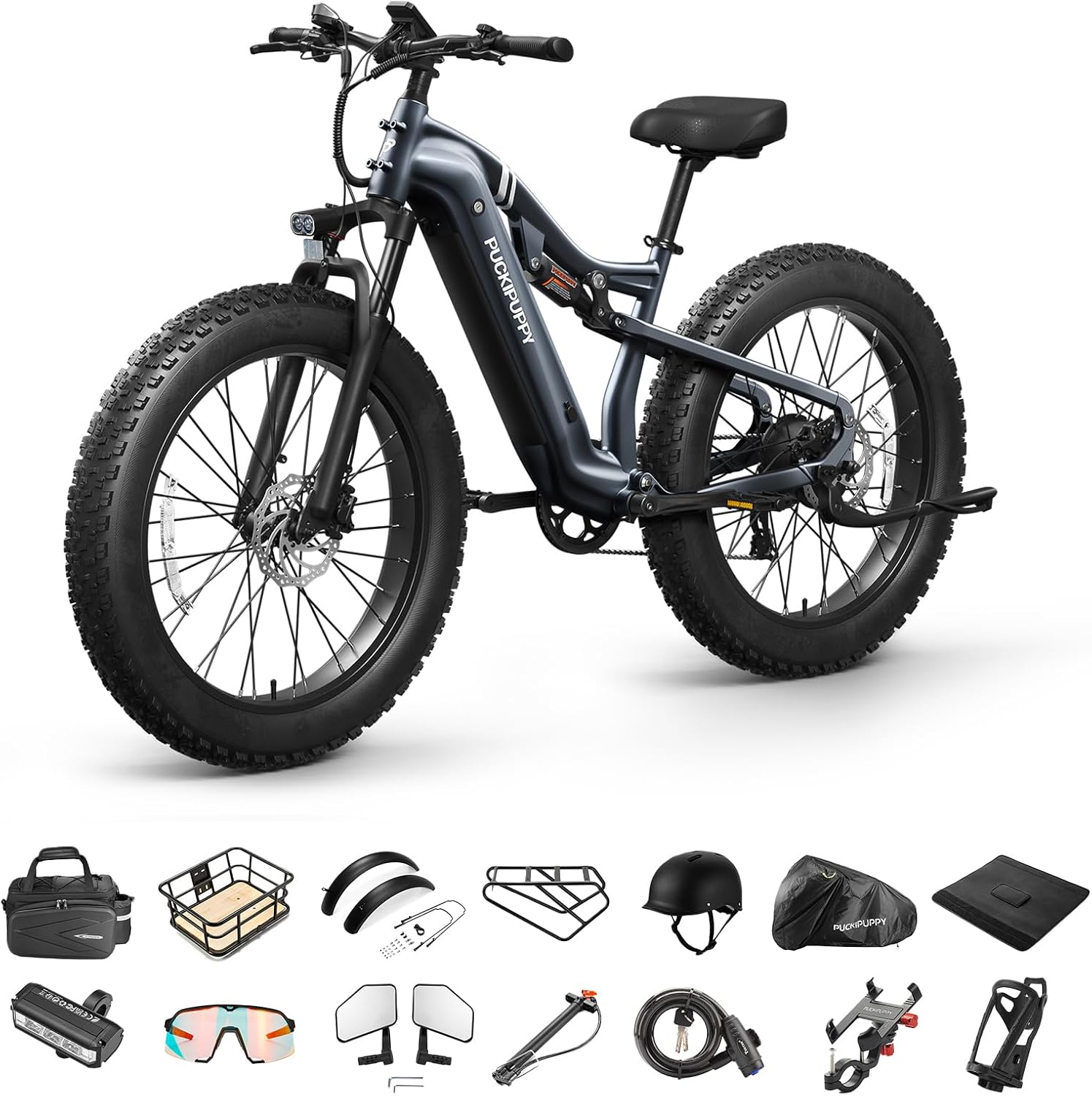 PUCKIPUPPY Electric Bike for Adults 28 MPH, 750W | 1350W Peak, Torque Sensor, 80 Miles Range, 26'x4' Fat Tire Electric Dirt Bike, Full Suspension Electric Mountain Bike, 8 Speed Ebike Labrador Pro