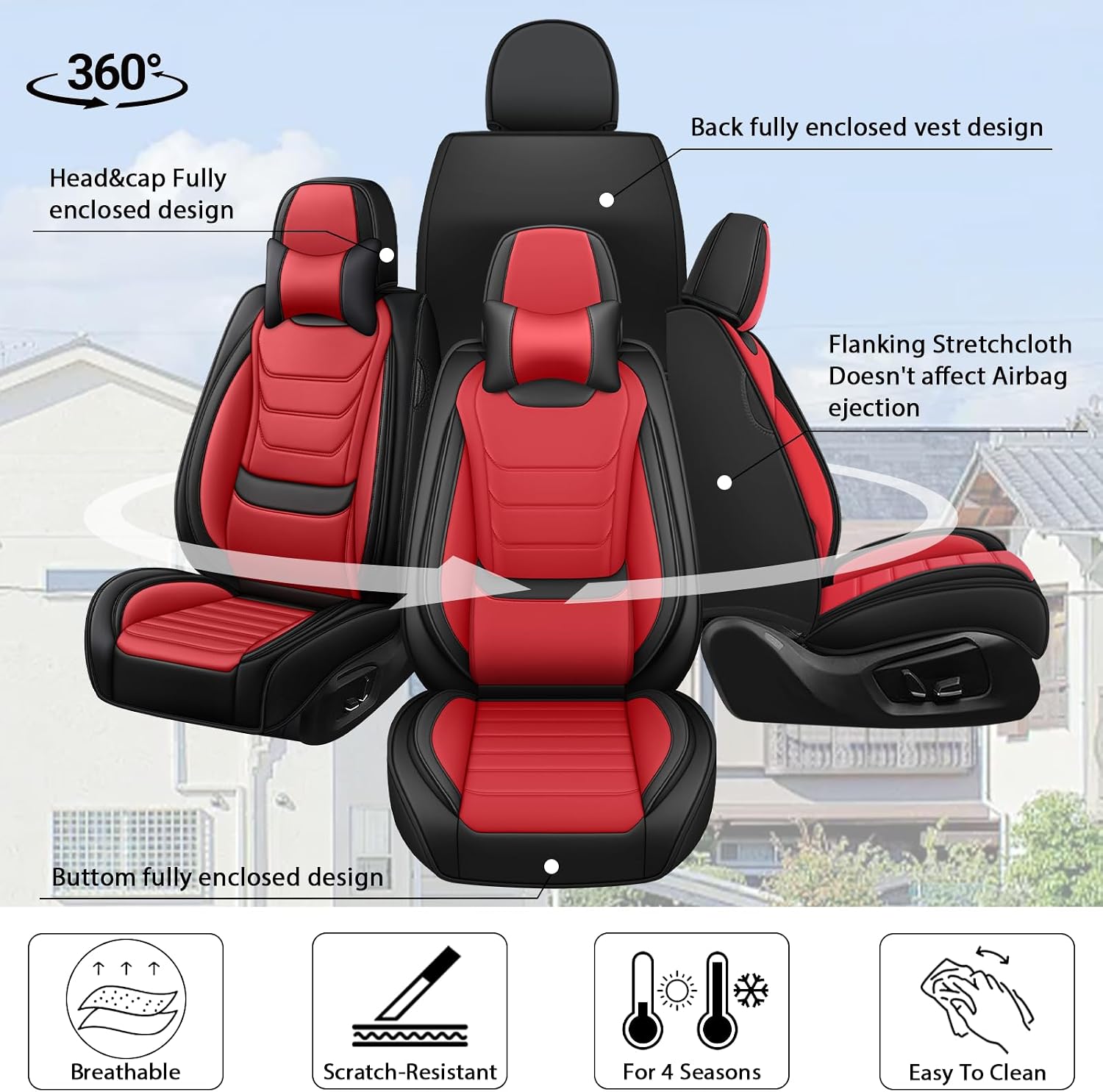 Fit for Chevrolet Tahoe 2009-2025 Custom Seat Covers, PU Leather Car Seat Covers, Full Coverage Protection, Thick Cushioning Seat Protectors(Luxury Full Set/Black Red)