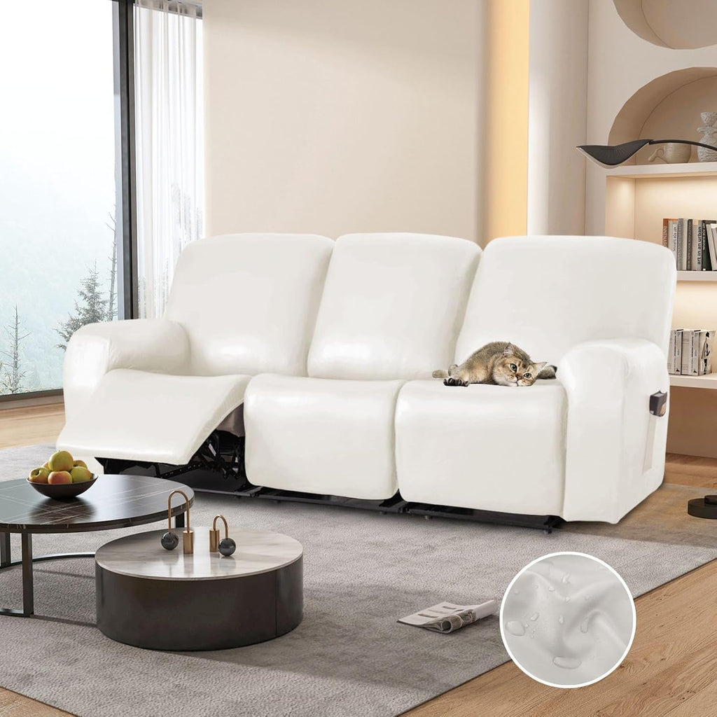 100% Waterproof PU Leather Sofa Slipcovers 8-Pieces Stretch Reclining Couch Covers for 2 Seat Anti-Slip Elastic Strap Furniture Protector for Kids, Pets (Cream, 3 Seater)