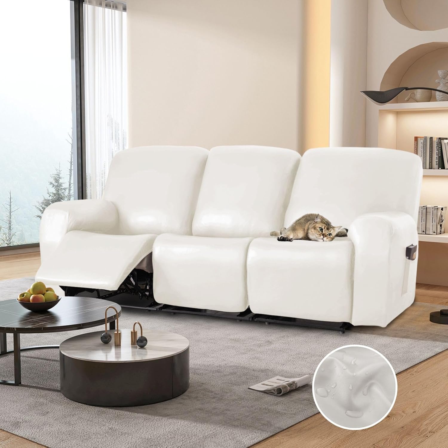100% Waterproof PU Leather Sofa Slipcovers 8-Pieces Stretch Reclining Couch Covers for 2 Seat Anti-Slip Elastic Strap Furniture Protector for Kids, Pets (Cream, 3 Seater)