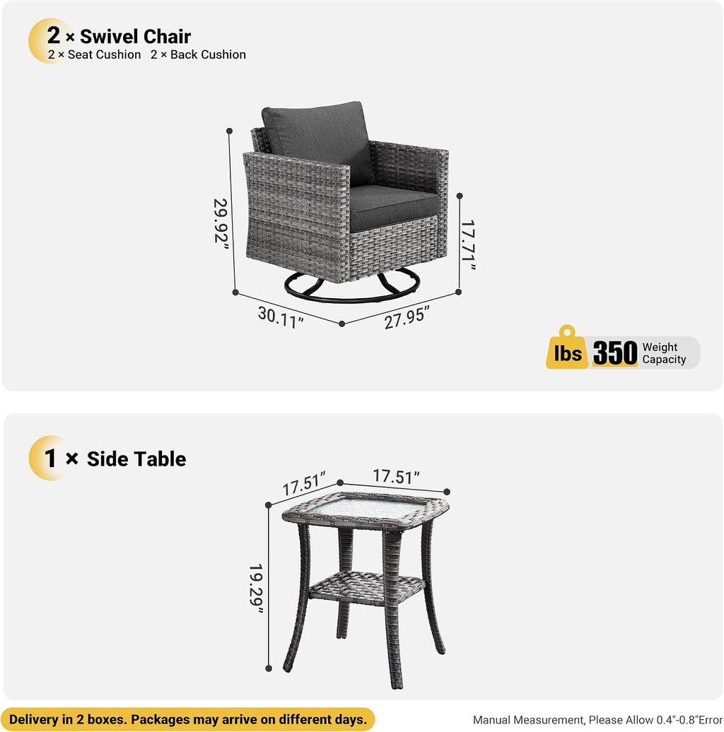 ovios 3 Pieces Patio Swivel Chairs with Side Table, Outdoor Wicker Rocking Chairs of 2 with Comfy Cushions, Rattan Glider Rocker Bistro Set for Porch Deck, Black