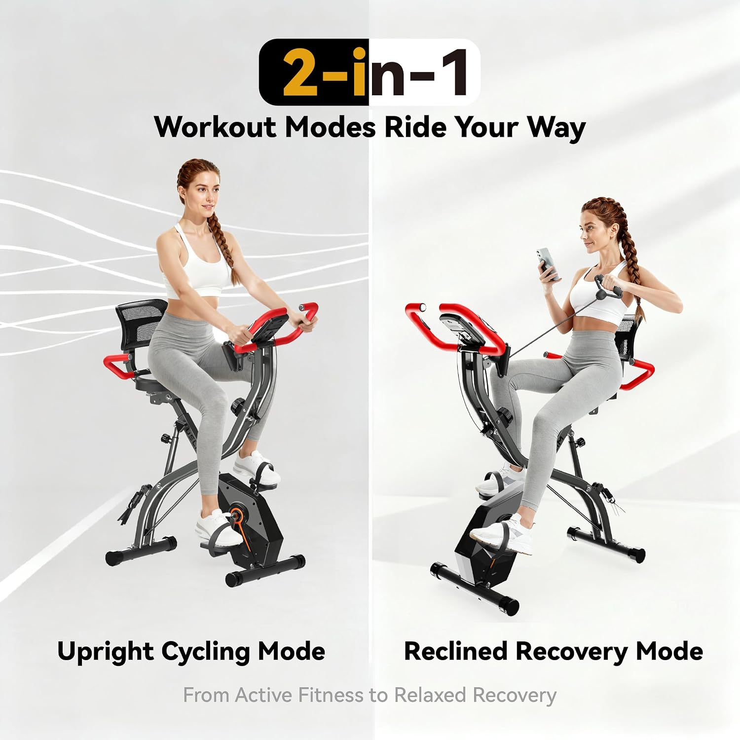 USLIM Foldable Exercise Bike Stationary Bikes for Home, 5 IN 1 Indoor Workout Bike, Cycling Bike with 16-Level Quiet Magnetic Resistance, 6.6 LBS Flywheel and 300LBS Capacity for Senior and Home Workout